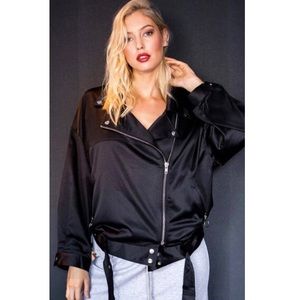 “Eliza” Black Oversized Satin Moto-Jacket